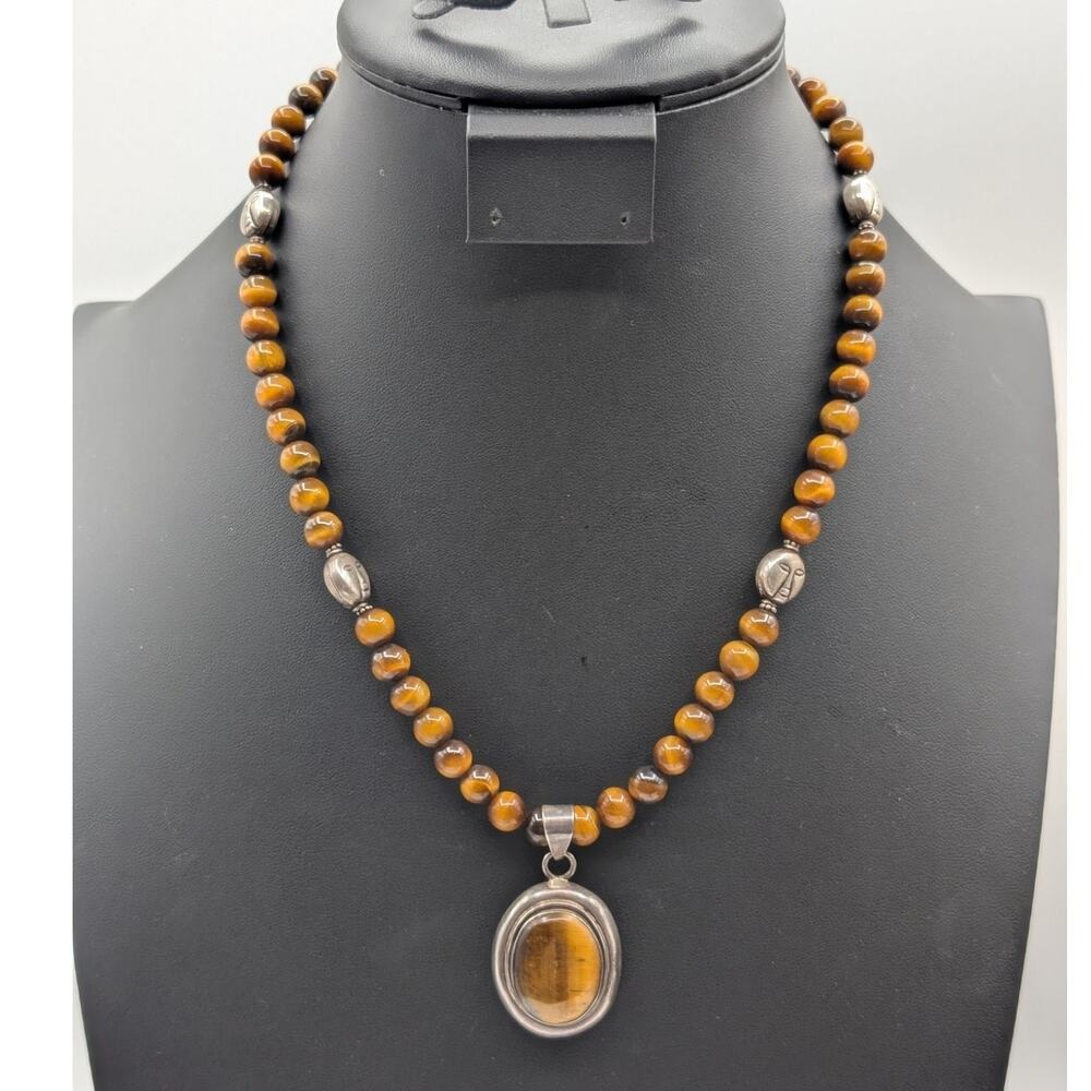 Vtg 925 Sterling Tiger's Eye Beaded Bezel Set Pendant Toggle Clasp 20" Necklace